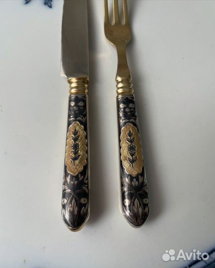 Старинное серебро нож вилка чернение