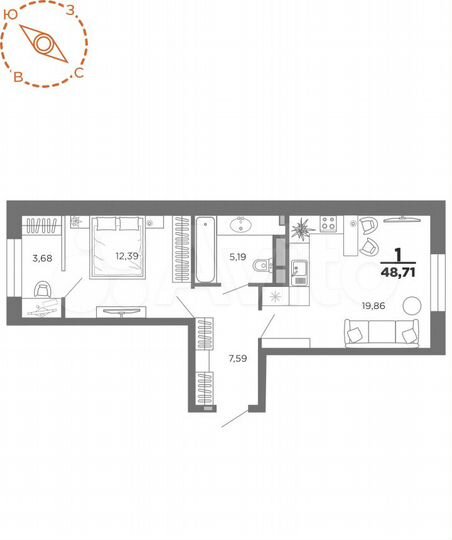 1-к. квартира, 48,7 м², 14/22 эт.