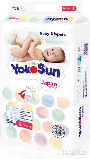 Подгузники YokoSun на липучках, L (9-13 кг), 54 шт