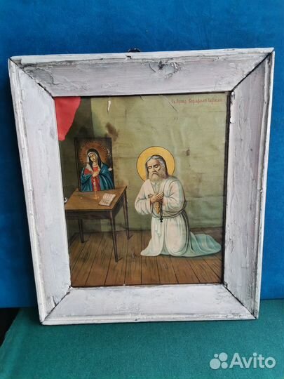 Икона старинная Серафим Саровский литография рама