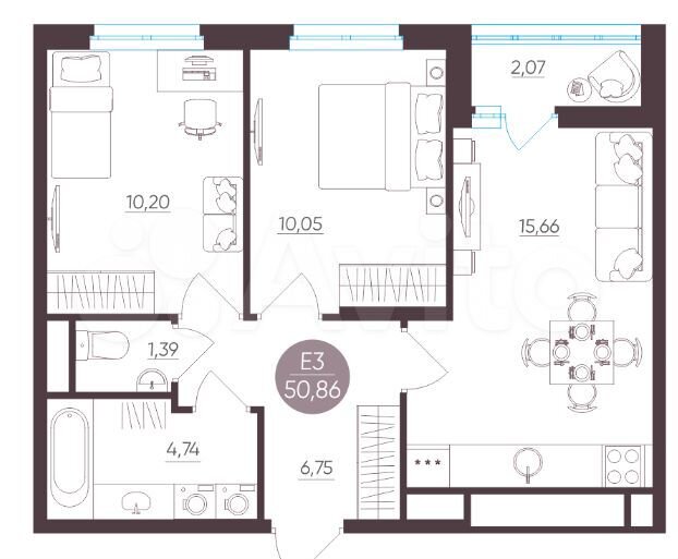 2-к. квартира, 50,9 м², 10/10 эт.
