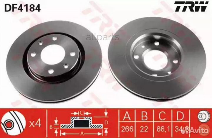 TRW DF4184 Торм.диск пер.вент.266x22 4 отв