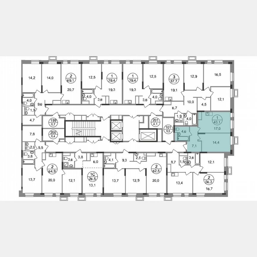 1-к. квартира, 43,1 м², 4/19 эт.