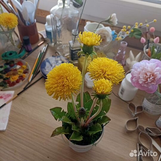 Одуванчики интерьерная композиция, холодный фарфор