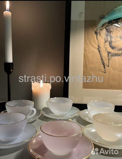 Винтажный набор кофейных пар из опалового стекла