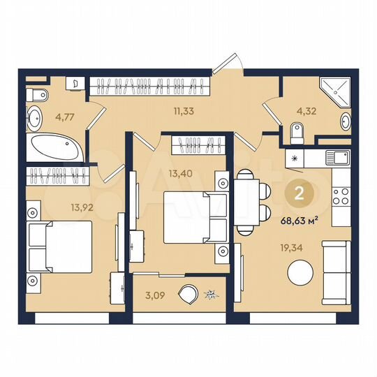 2-к. квартира, 68,6 м², 6/22 эт.