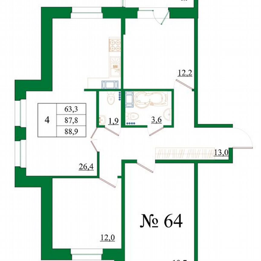 4-к. квартира, 88,9 м², 8/8 эт.