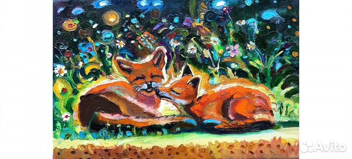 Картина маслом Лисята холст 20 см на 30см