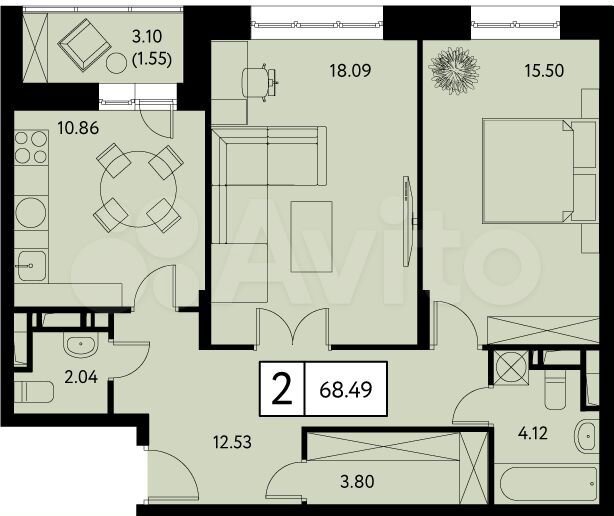 2-к. квартира, 68,5 м², 6/17 эт.