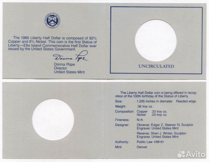 1/2 доллара 1986 (D). США. Нация иммигрантов. Медь