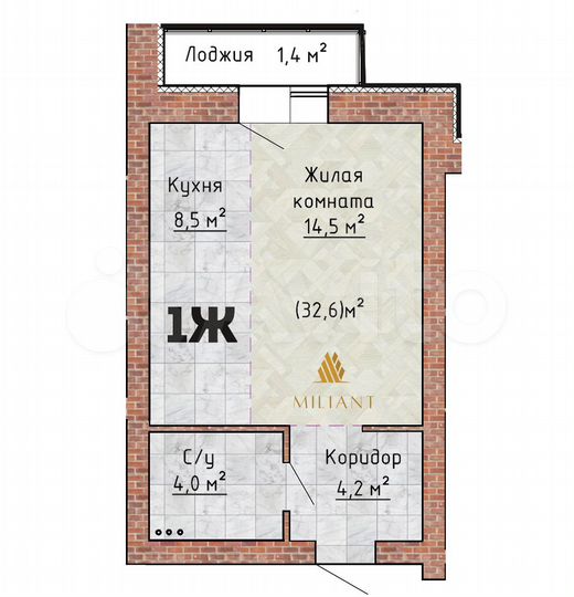 Квартира-студия, 32,6 м², 1/9 эт.