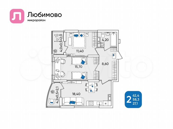 2-к. квартира, 62,4 м², 4/24 эт.