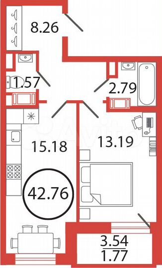1-к. квартира, 42,8 м², 7/12 эт.