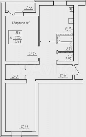 2-к. квартира, 72,4 м², 2/5 эт.