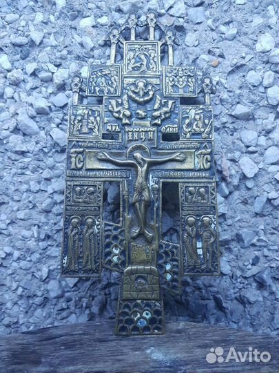 Большой старинный киотный крест со святыми, 25,5 с