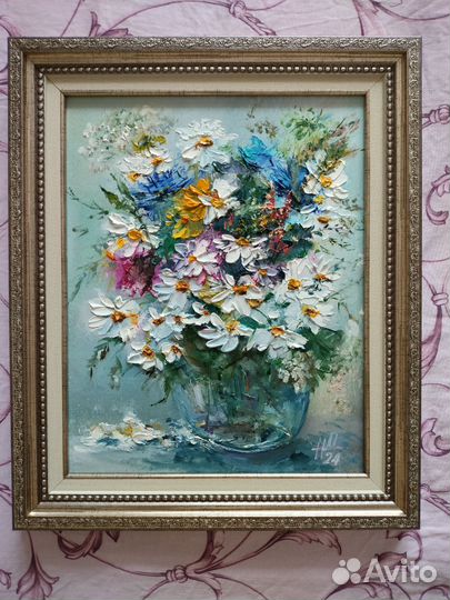 Картина маслом букет полевых цветов