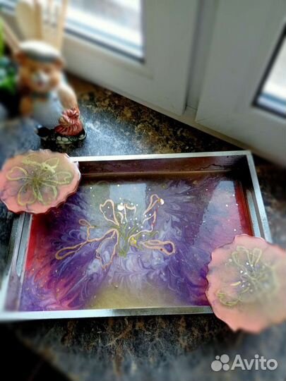 Продам поднос с подстаканниками ручной работы
