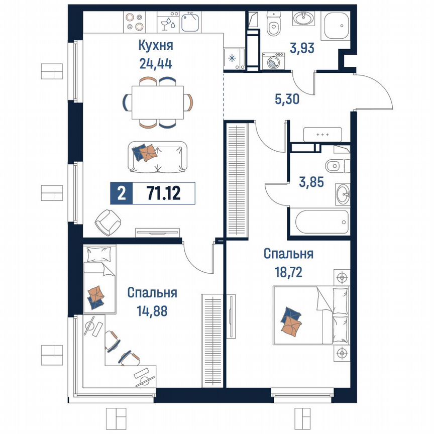 2-к. квартира, 71,1 м², 10/18 эт.