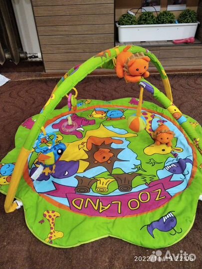 Развивающий коврик, дуга с игрушками и каталка