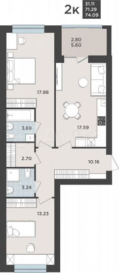 2-к. квартира, 71,3 м², 6/9 эт.
