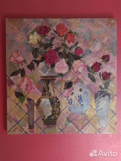 Картина масло, холст. Розы на розовом. 75 см x 79