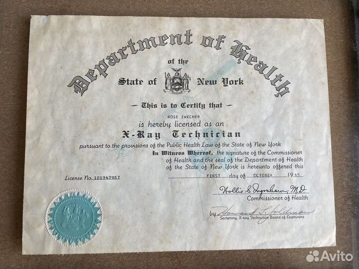 Сертификат штата Нью Йорк 1965г