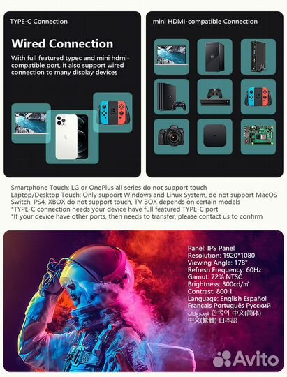 Сенсорный портативный монитор 15.6, Android, wifi