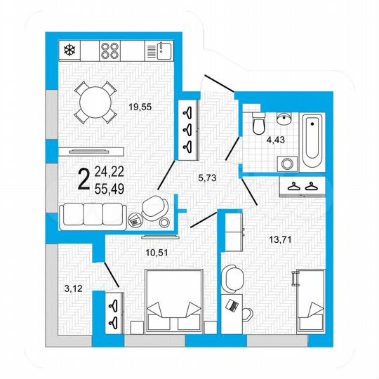 2-к. квартира, 55,5 м², 6/22 эт.