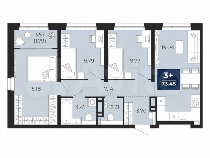 3-к. квартира, 73,5 м², 5/22 эт.