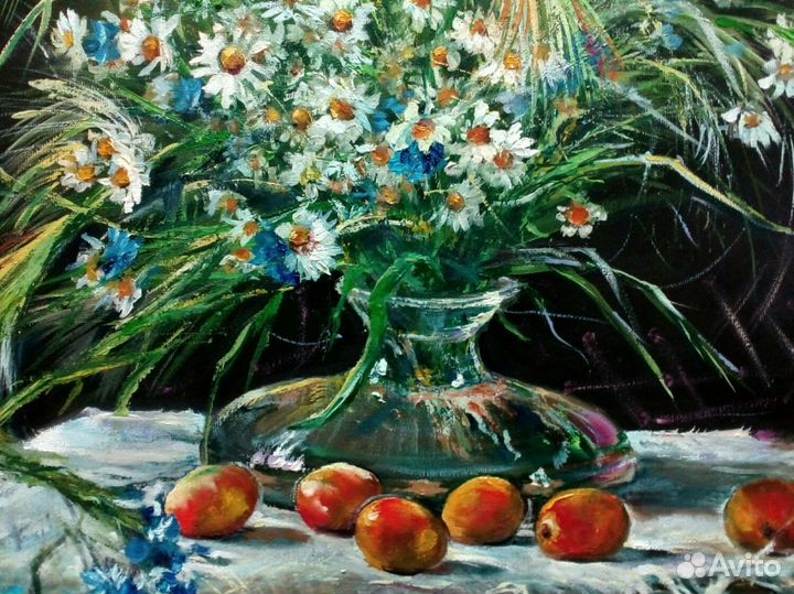 Ромашки букет картина маслом с цветами на холсте