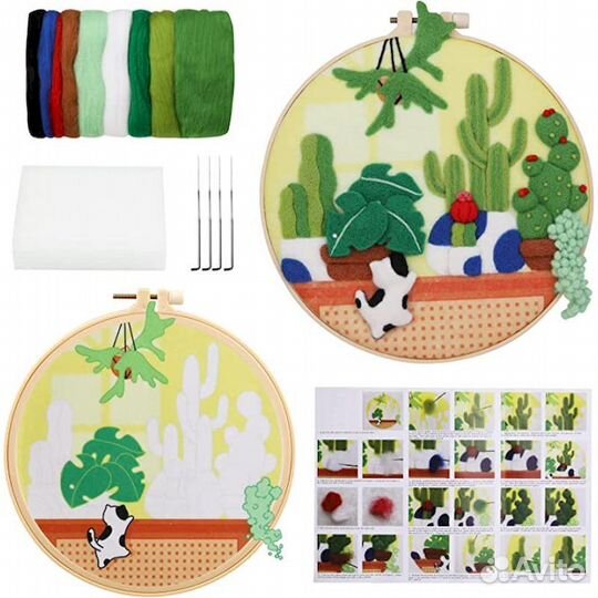 Набор для валяния, вышивки из шерсти Кактус и кот