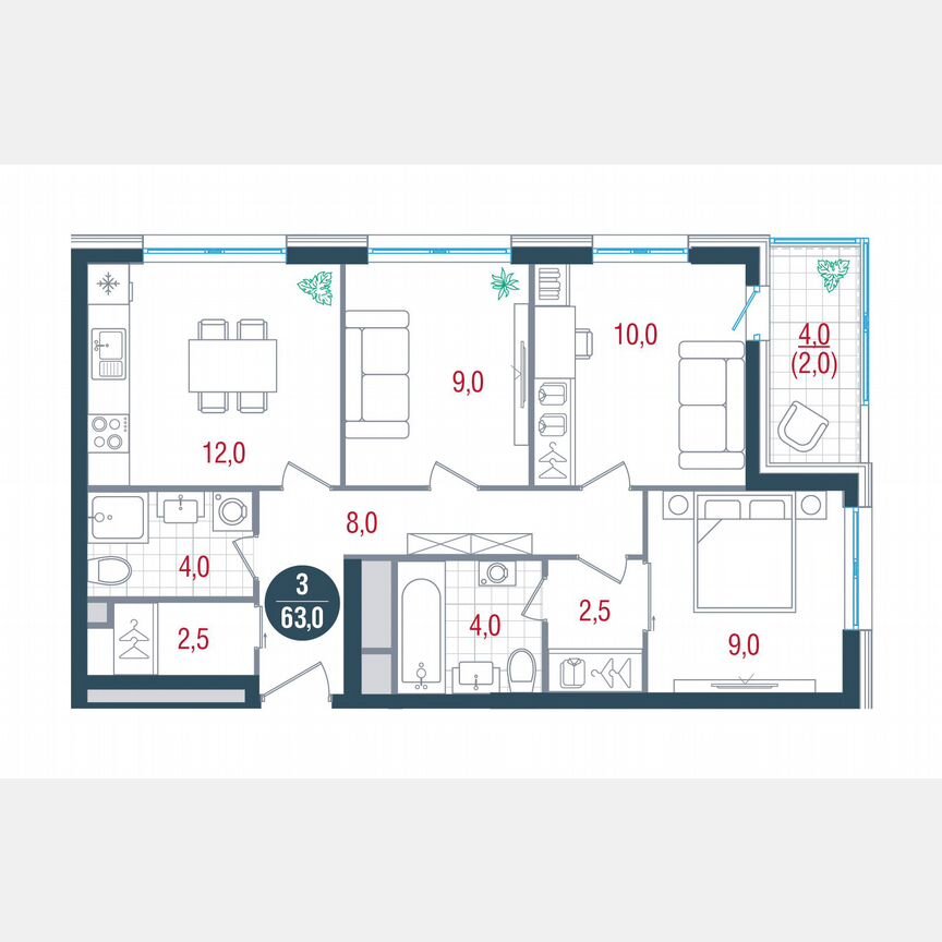 3-к. квартира, 63 м², 14/32 эт.