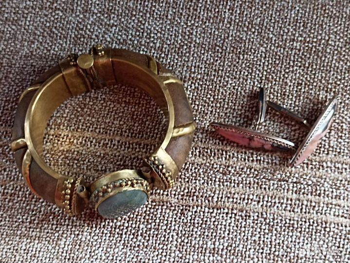 Браслет, запонки 875 пробы с родонитом