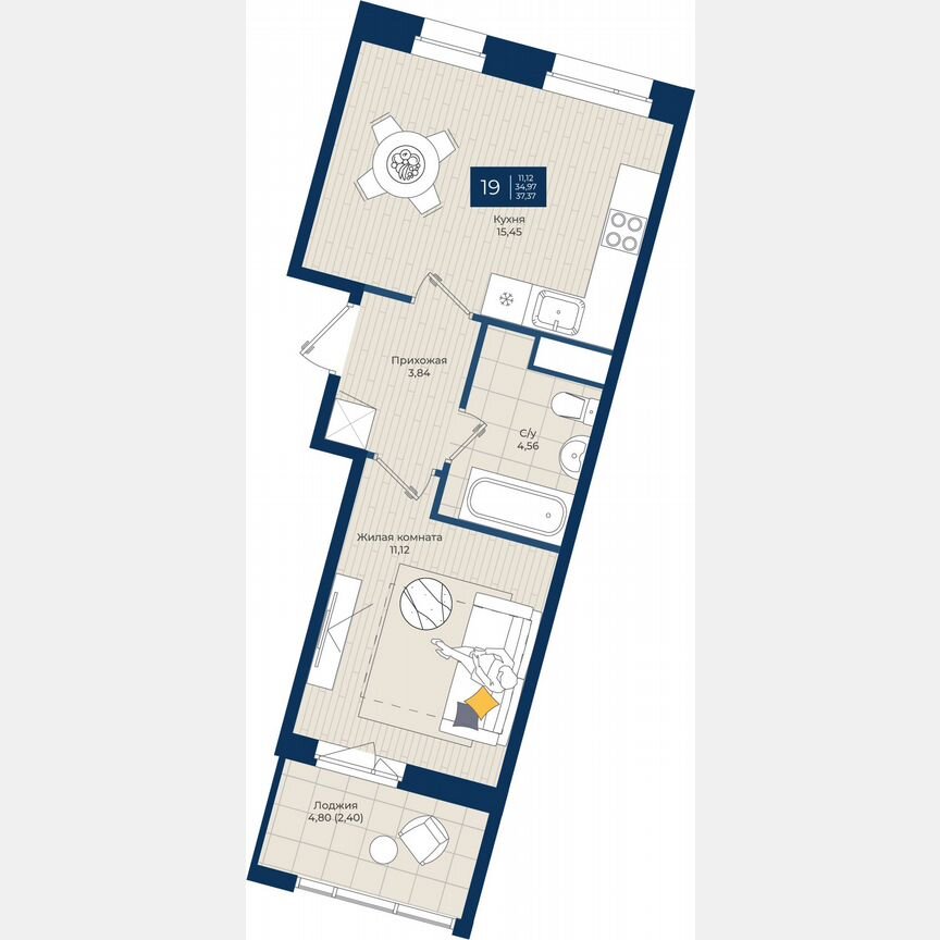1-к. квартира, 37,4 м², 5/12 эт.