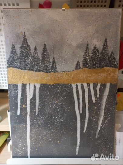 Картина Зимний лес с золотом