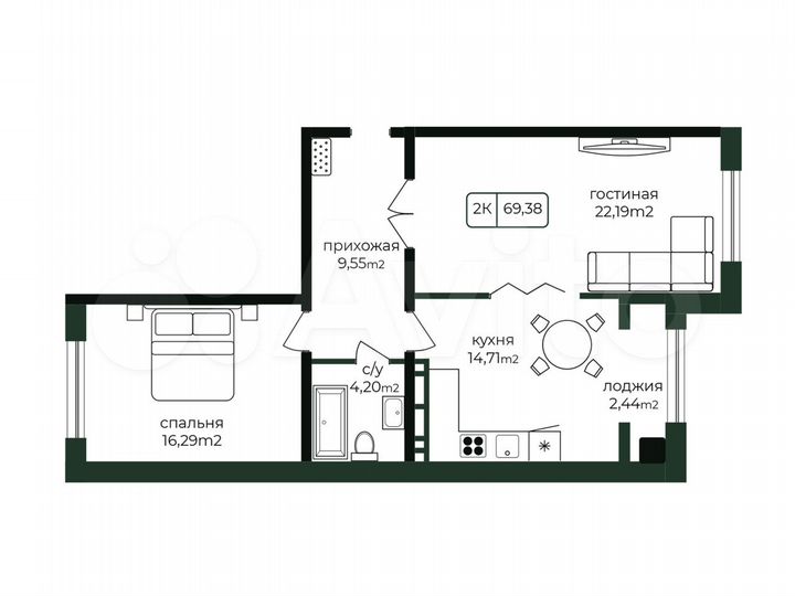 2-к. квартира, 69,4 м², 2/16 эт.