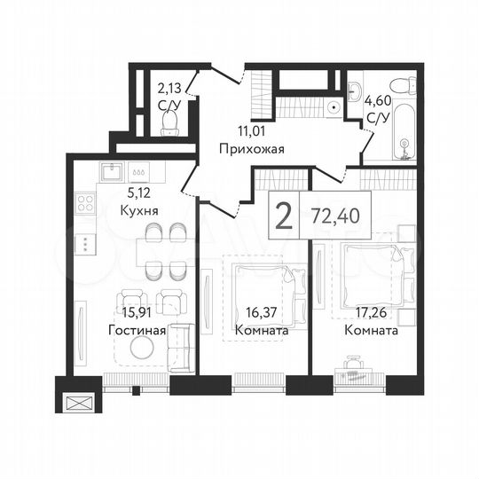2-к. квартира, 72,4 м², 19/23 эт.