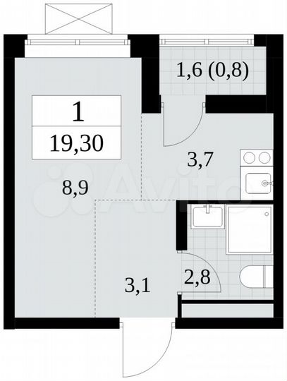 Квартира-студия, 19,3 м², 9/15 эт.