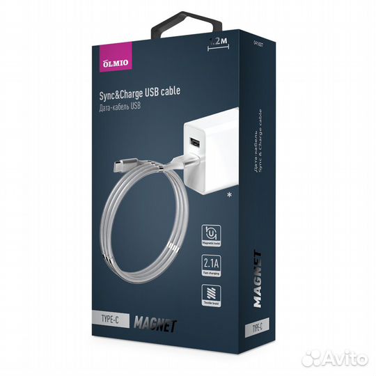 Кабель magnet, USB 2.0 - Type-C, 1.2м, 2.1A, olmio