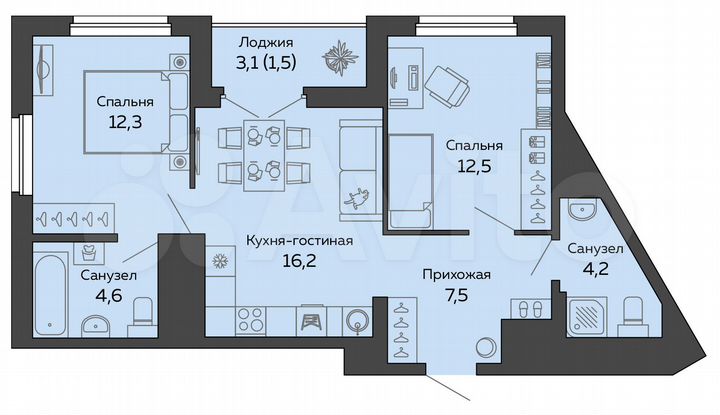 2-к. квартира, 58,9 м², 16/25 эт.
