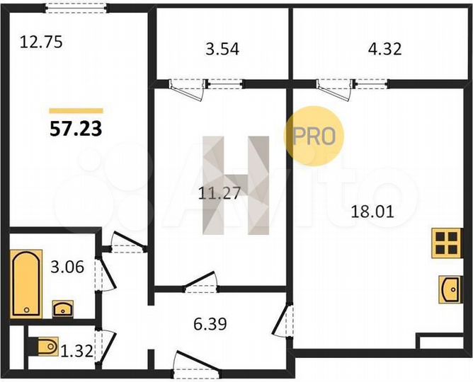2-к. квартира, 57,2 м², 12/17 эт.