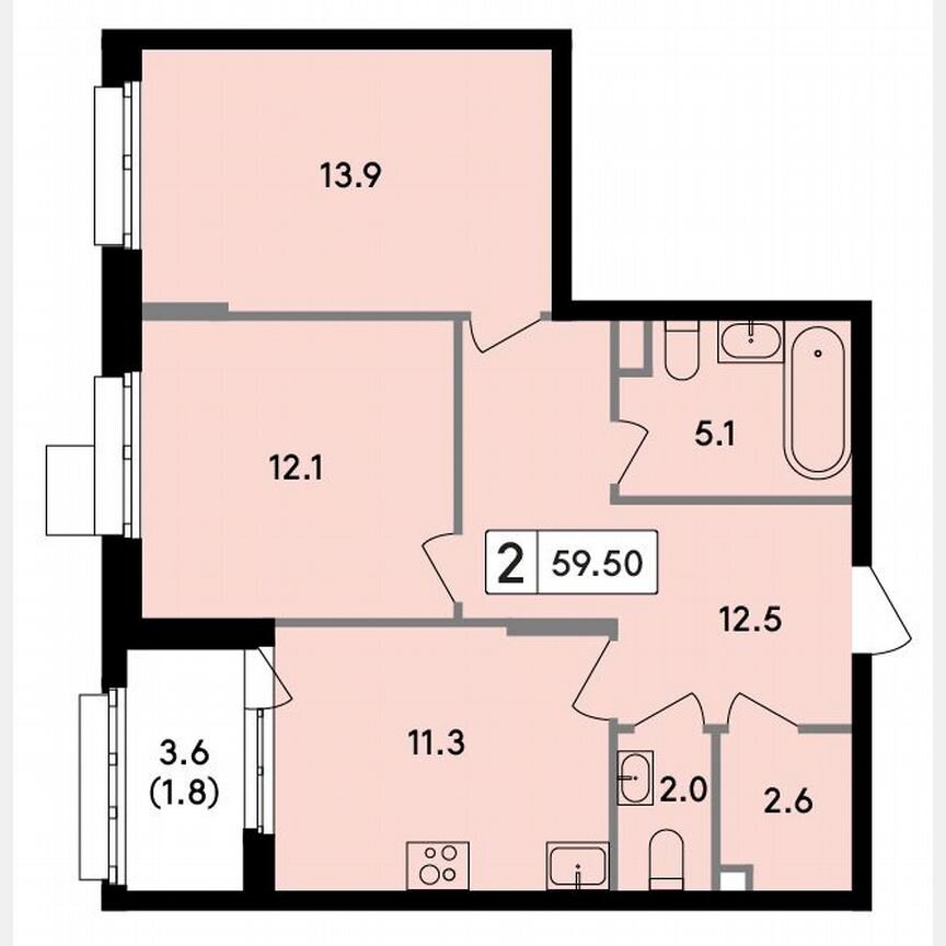 2-к. квартира, 59,5 м², 13/18 эт.
