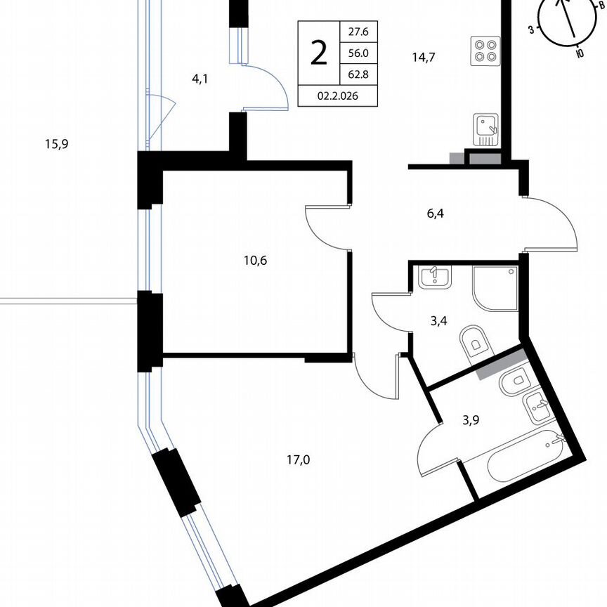 2-к. квартира, 62,8 м², 1/3 эт.