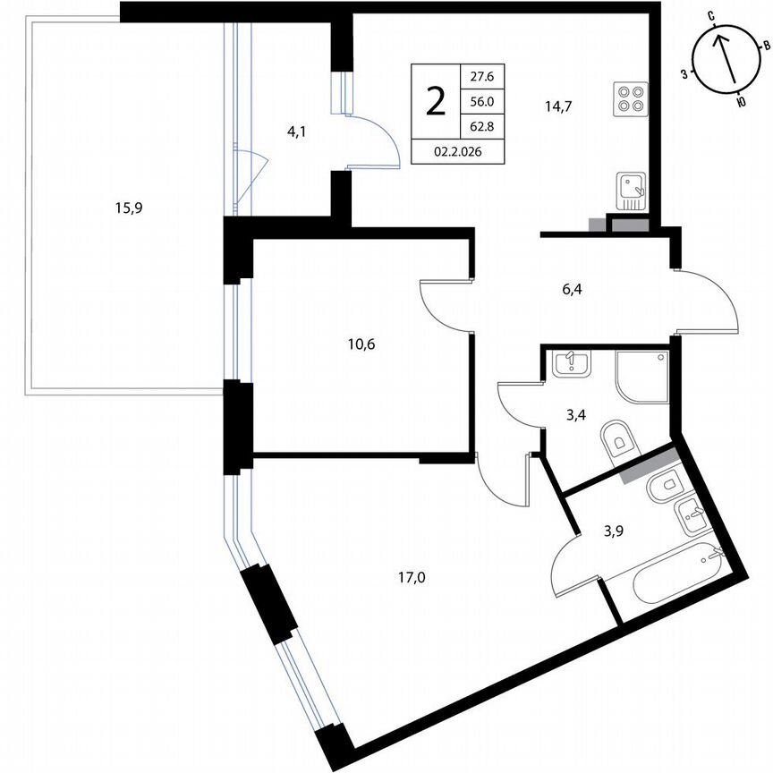 2-к. квартира, 62,8 м², 1/3 эт.