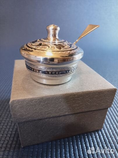 Серебряная горчичница,солонка с ложечкой Кубачи