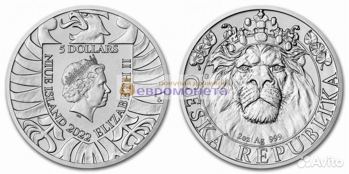 Ниуэ 5 долларов 2022 год Чешский лев. Серебро 2 ун