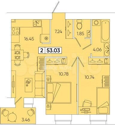2-к. квартира, 53 м², 1/9 эт.