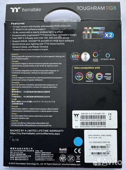 Thermaltake tough RGB (8 гб x 2 шт.) DDR4 3600 мгц