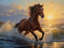 Картина маслом лошадь бегущая по волнам. Рассвет