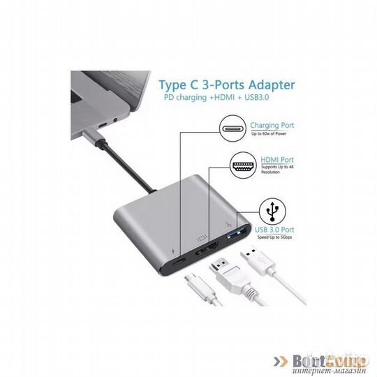 Переходник USB Type C-hdmi 3 в 1 KS-is (KS-342P)